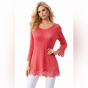 Kim Rogers NWT Women’s Coral Crochet Tunic Size Large 3/4 Sleeve